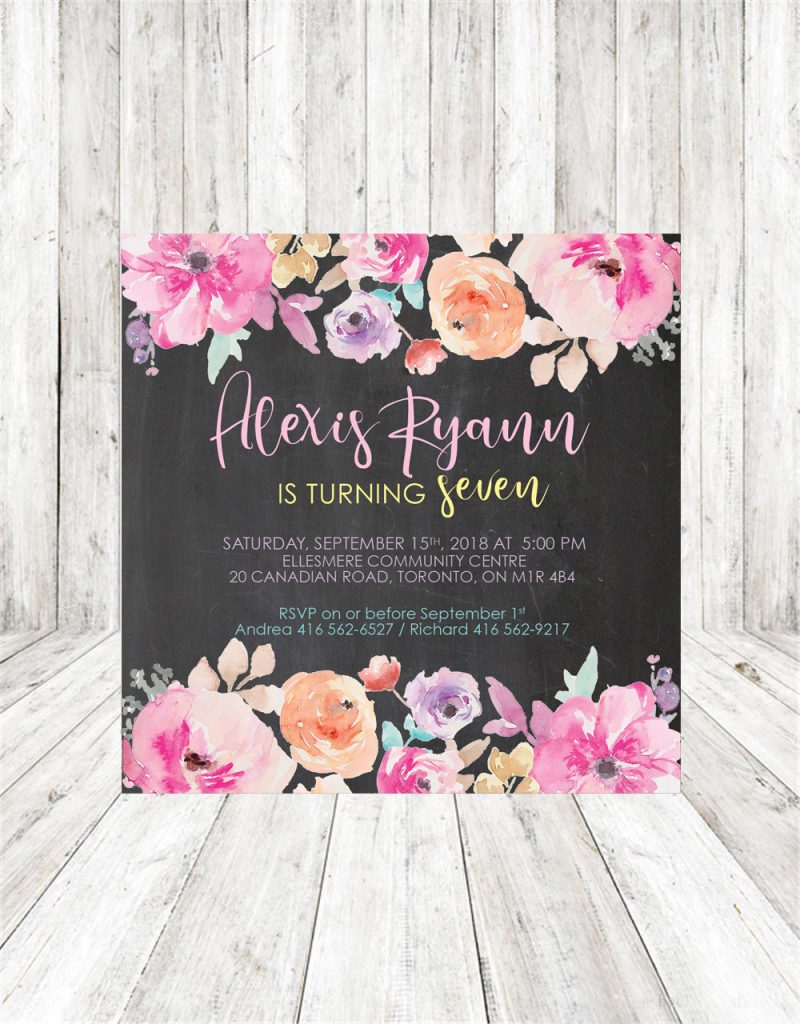 Alexis’ Watercolor Floral Chalkboard 7th Birthday Invitations, Canada